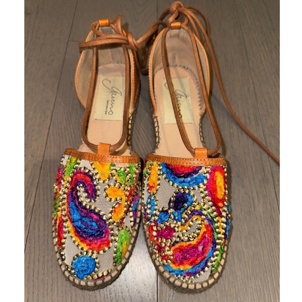 Gaimo Colorful Paisley Embroidered Espadrille Strappy Ankle Tie Sandals Size 38